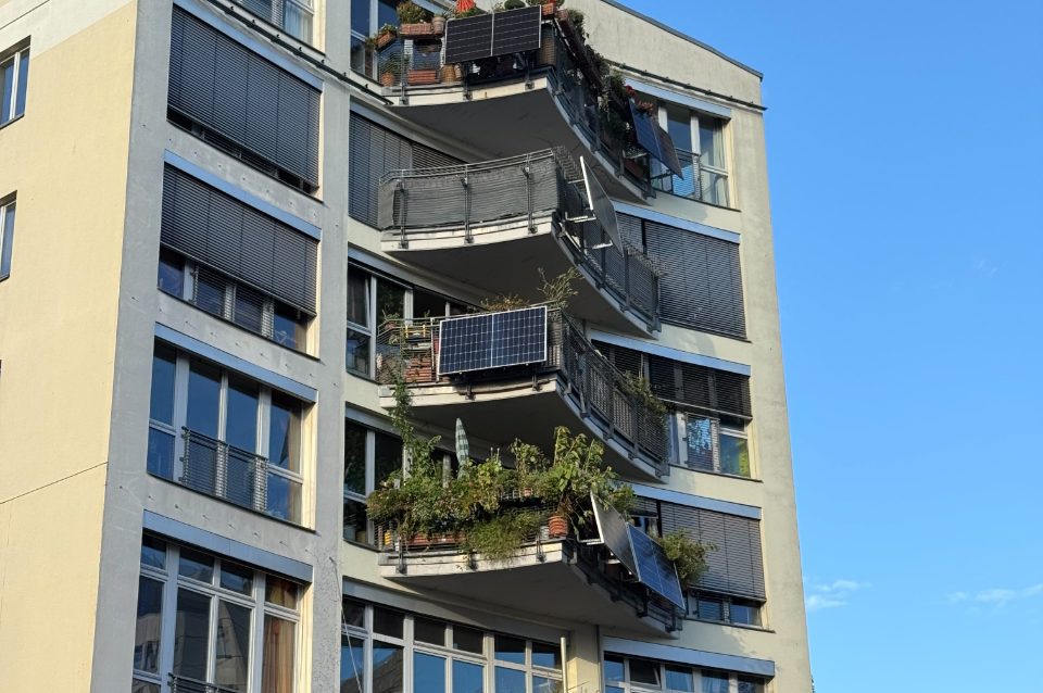 Plug-in solar panels fixed to the balconies of a block of flats